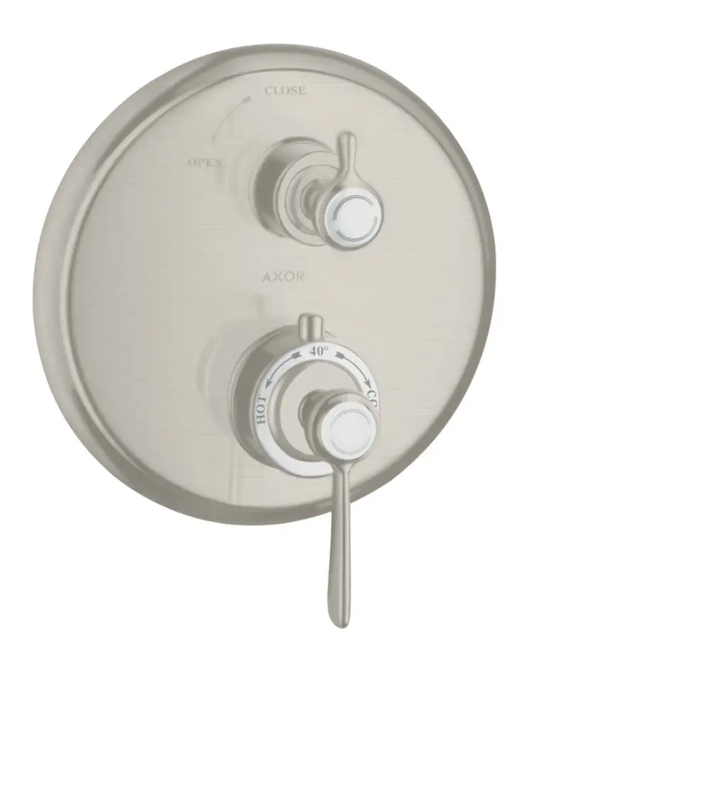 Thermostat mit Hebelgriff und Absperrventil in Edelstahl-Optik, montiert auf einer runden Wandplatte. Marke AXOR erkennbar.